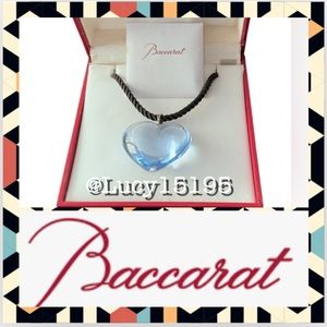 Baccarat Crystal Les Bijoux Light Blue Puffed Heart Pendant 925 Navy Cord NWOT